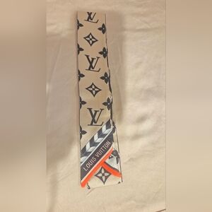 Louis Vuitton Monogram Silk Twilly Scarf - Beige & Black with Orange Accent